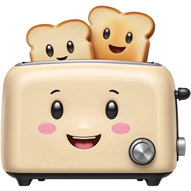 Cute Kawaii Toaster, tiny and square, soft pastel cream with a happy smile, chubby cheeks, two little toast slices popping out, giggling in excitement! emoji