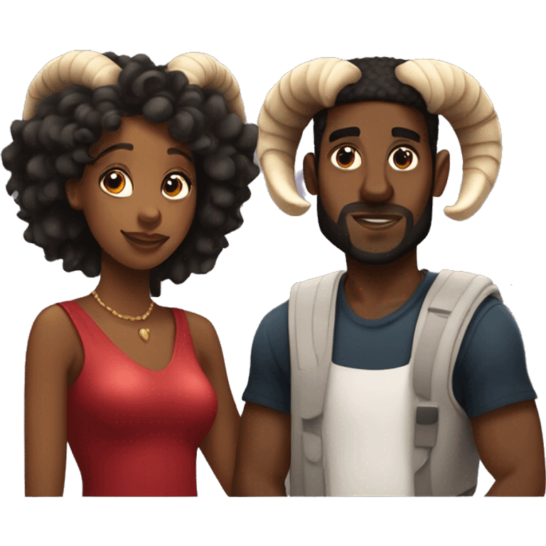 two aries in love black woman and black man with ram horns emoji