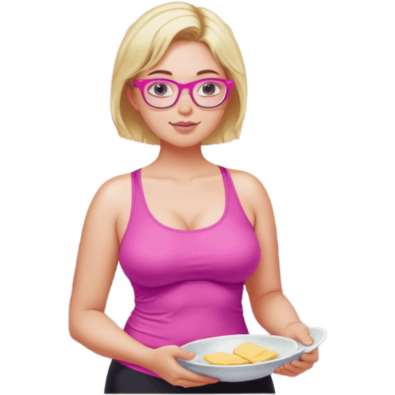 Curvy fair and freckled skinned woman, short blond hair, small light purple reading glasses, washing dishes, short flowing sheer hot pink tank top, without undergarments SFW, black yoga pants, thick booty emoji