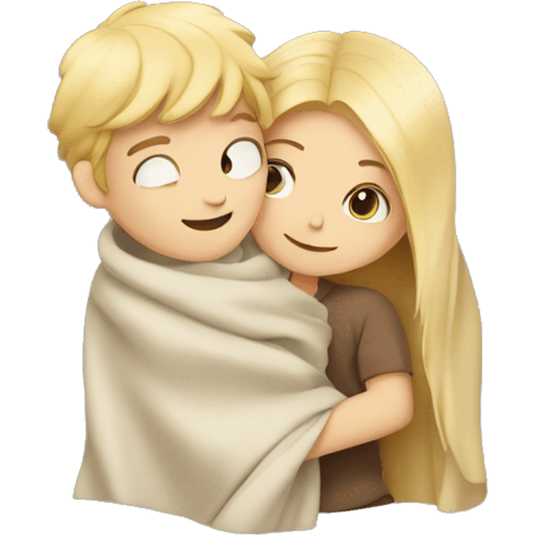 Brunette boy and blond girl hugging in a blanket  emoji