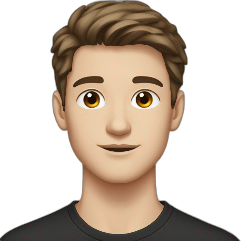 portrait of 18 years old guy, brown hair to the left, gray eyes, black shirt emoji