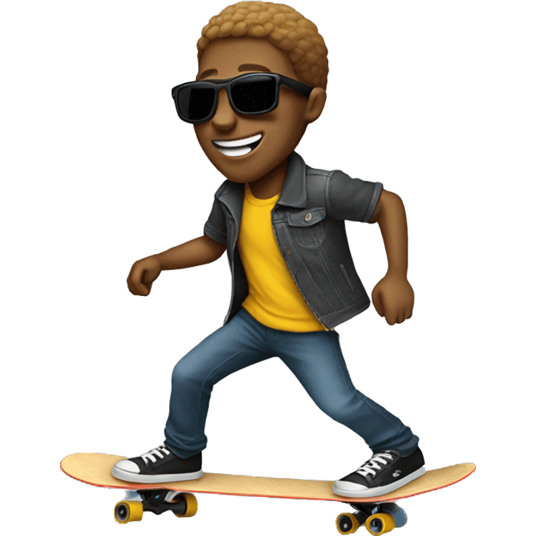 Trey riding a skateboard with sunglasses on emoji