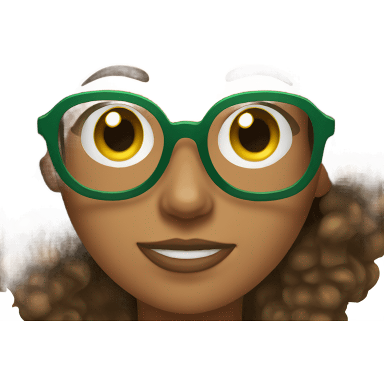 women with brown curly hair and green glasses son her phone emoji