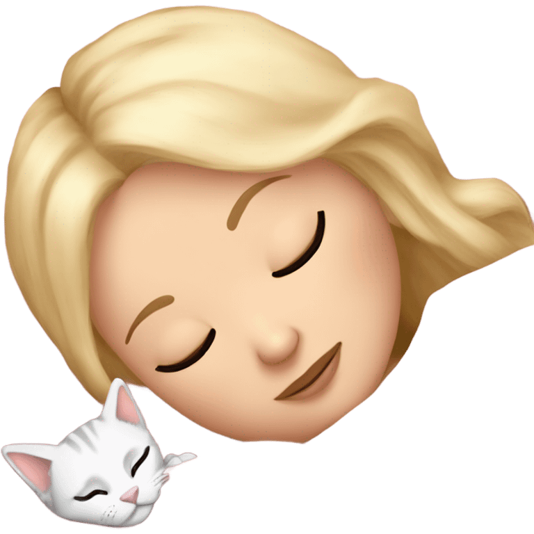 White girl blonde hair sleeping with kitty. kitty has black and white markings emoji