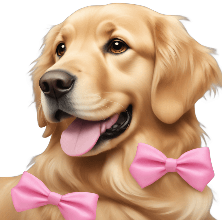 Golden retriever laying down with a pink bow on the right ear emoji