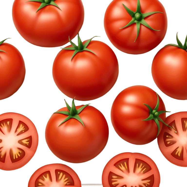 Cinematic juicy ripe tomatoe, deep red, slightly dewy, arranged on a wooden cutting board, soft glowing background, rich and flavorful. emoji