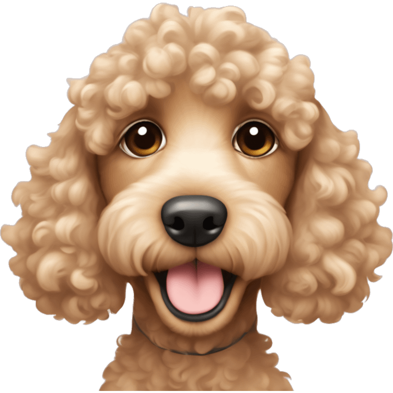 Cute young cocker poodle mix in beige and curly fur happy face fur more apricot and more like cocker spaniel looking  emoji