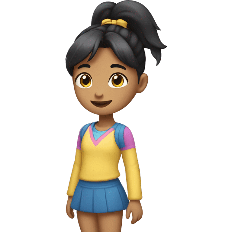 A 7-year-old girl with black hair in a ponytail, wearing yellow, pink, and blue clothes emoji