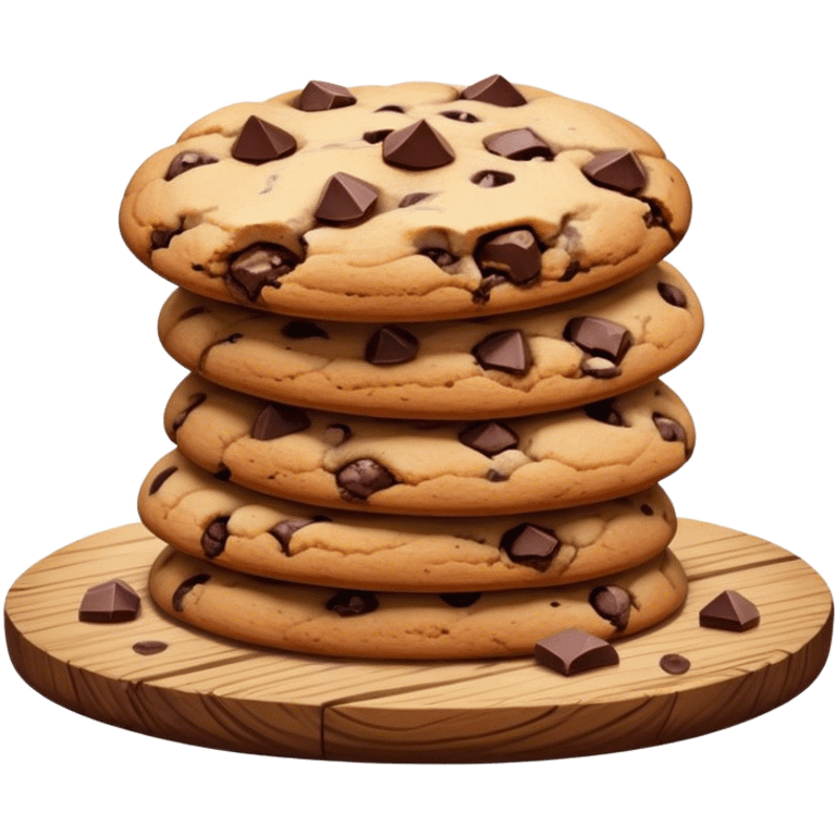 Cinematic crunchy chocolate chip cookies, freshly baked, golden-brown with gooey melted chocolate chunks, stacked on a rustic wooden plate, soft warm lighting, cozy and delicious. emoji