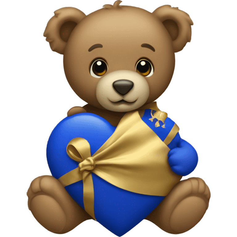 A teddy bear holding royal blue and gold heart  emoji