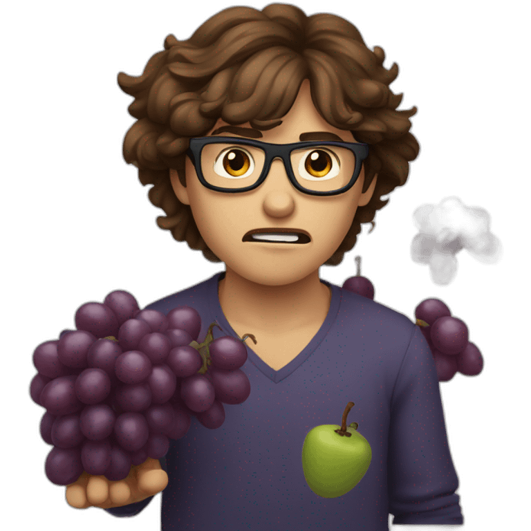 brown haired young and angry men with glasses violently throwing grapes emoji