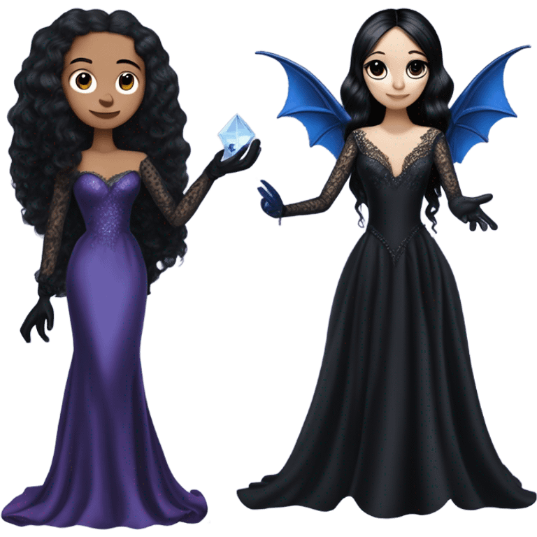 relaxed low-cut back silky black evening ball gown with lace gloves, Jenna Ortega as Addams woman wearing a mini diamond tiara, very large blood blue cute horned old dragon hand puppet emoji