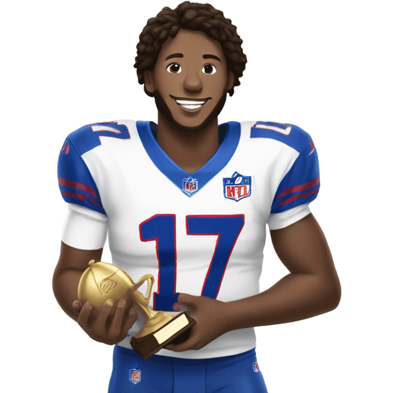 Josh Allen in jersey number 17, holding a trophy emoji