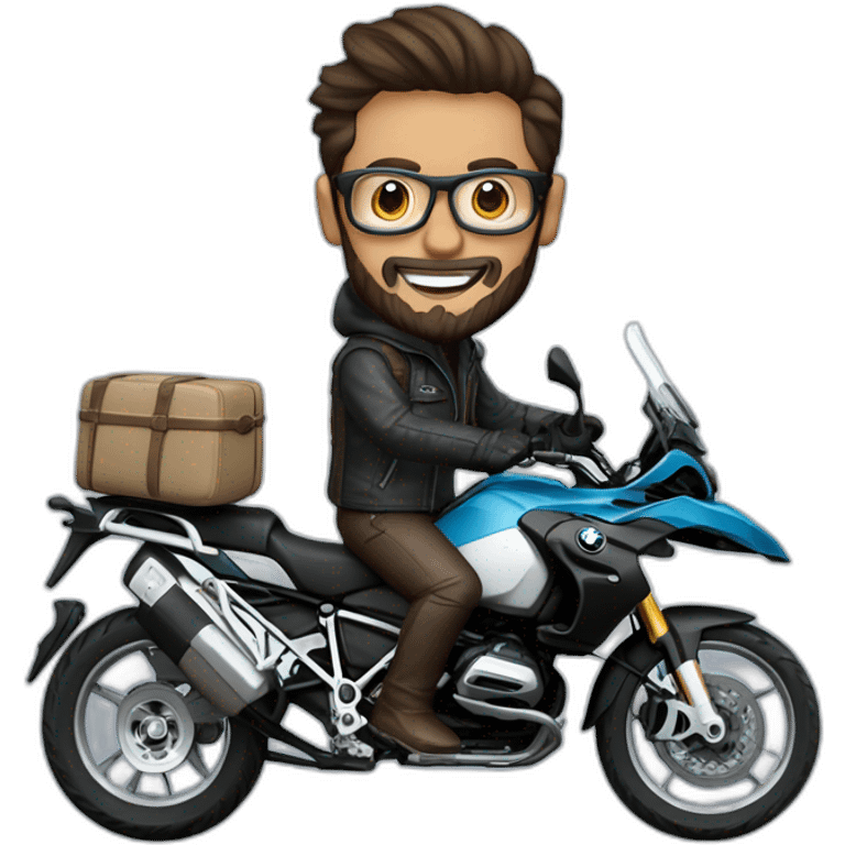 Francisco-Javier-Sans-Sánchez with beard and glasses, riding a BMW-R-1200-GS,waving emoji