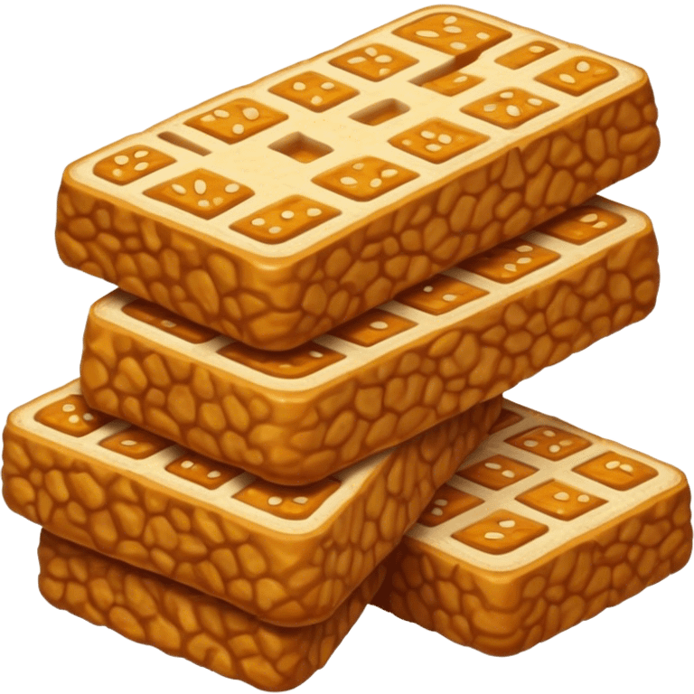 Tempeh Cinematic Realistic Tempeh Dish Emoji, depicted as crispy, sliced portions of fermented soy cake with a golden-brown finish, rendered with detailed textures and warm, inviting lighting. emoji