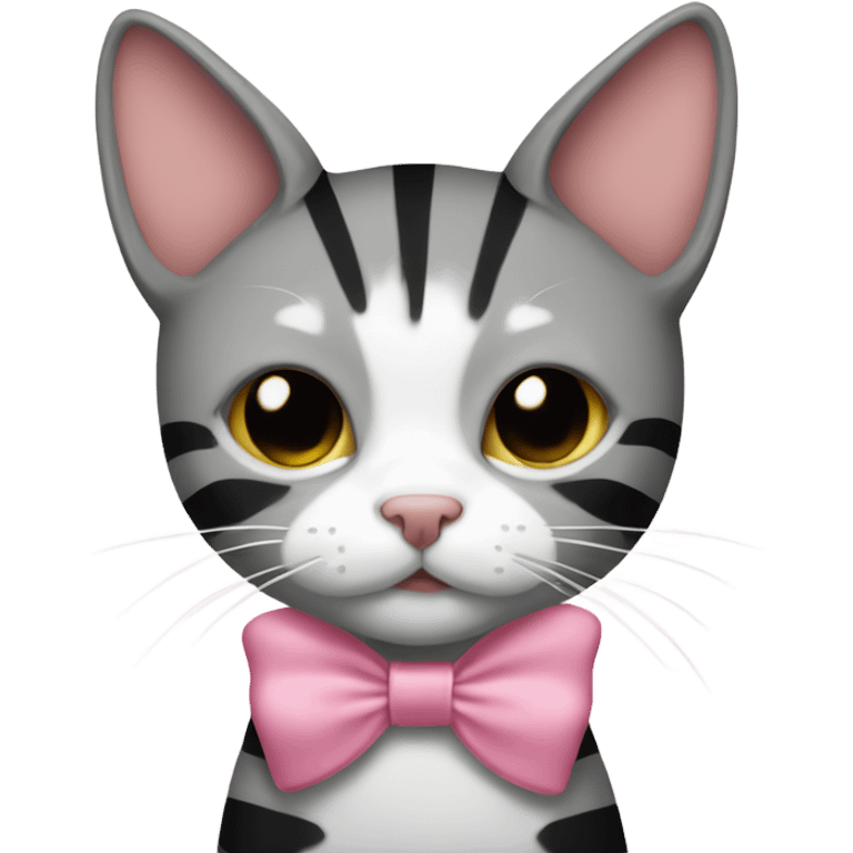 White, grey, black, and tan striped cat with pink bow emoji