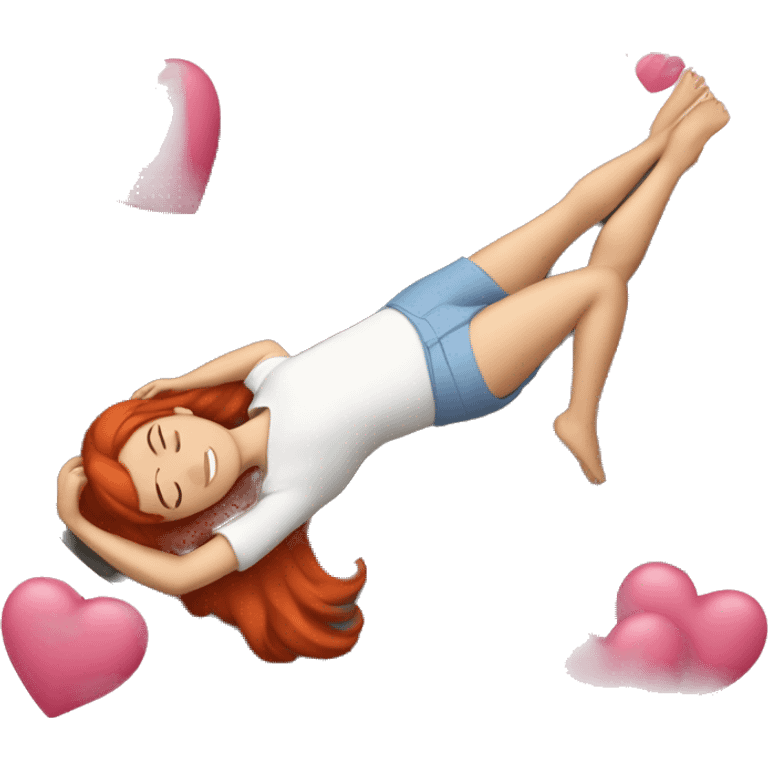 A woman laying on her back on a rock, red hair, butter flies around, pink hearts emoji