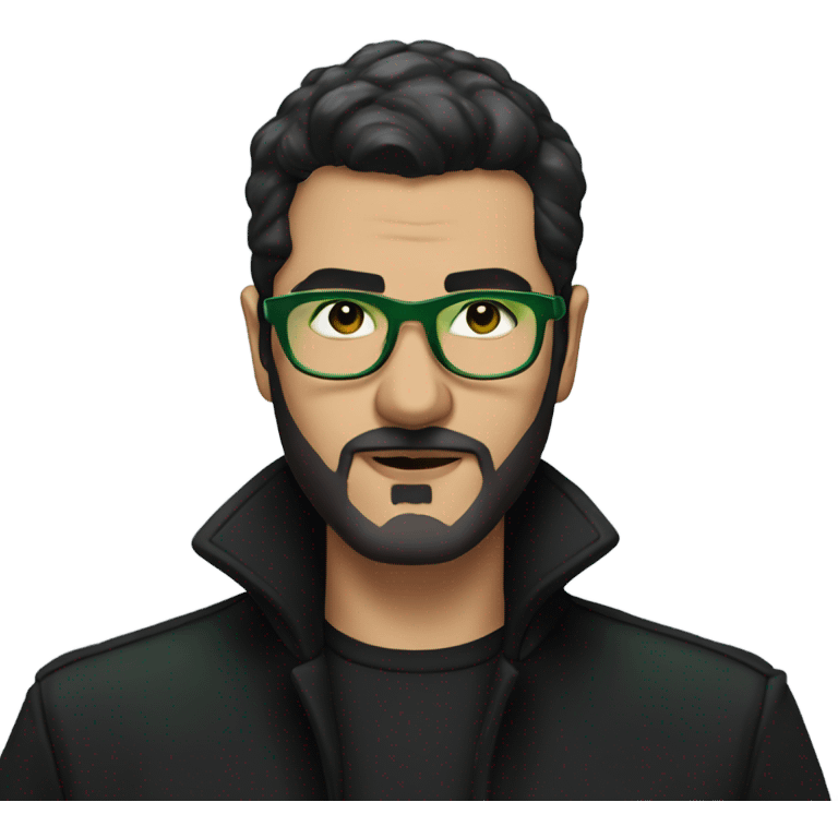 arabic looking man with black hair and small beard with green tinted glasses and black shirt and black trench coat emoji