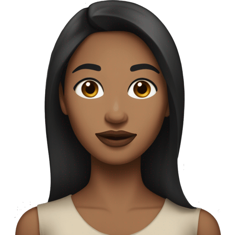 A woman with long, straight black hair and black eyes, having a medium-brown skin tone. She wears modest clothing, avoiding revealing styles. Her facial features, particularly around the mouth, are well-defined, and she is wearing lipstick emoji