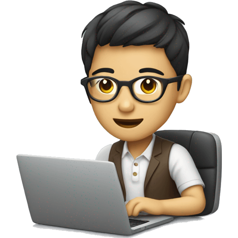 a asian human wear glasses is working on a laptop with a cup of coffee emoji