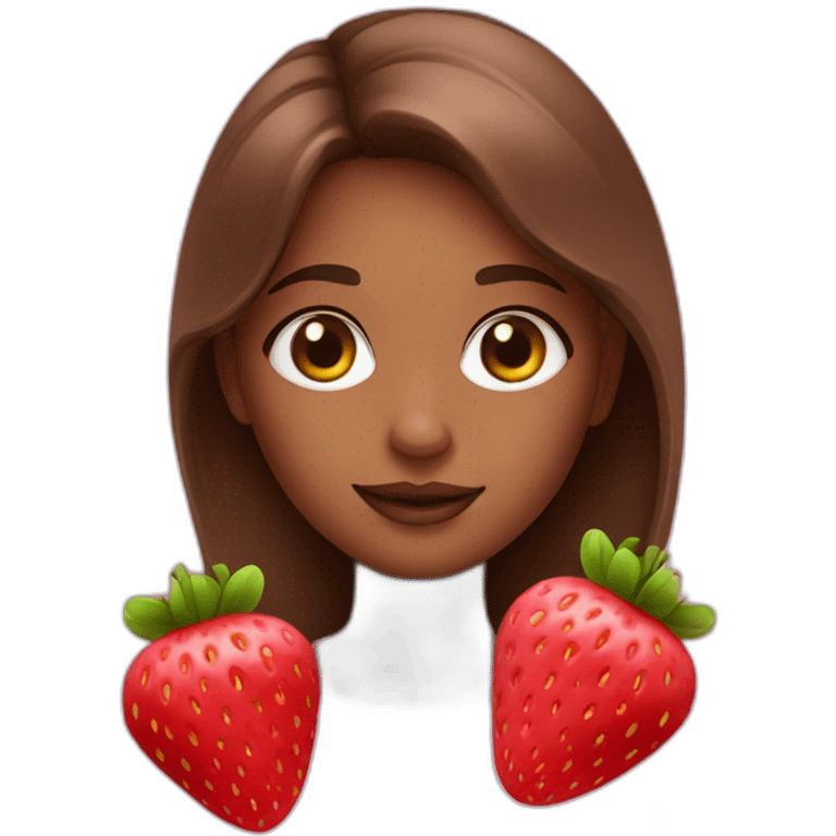 A girl with strawberries, wearing pink, with brown hair and cute makeup emoji