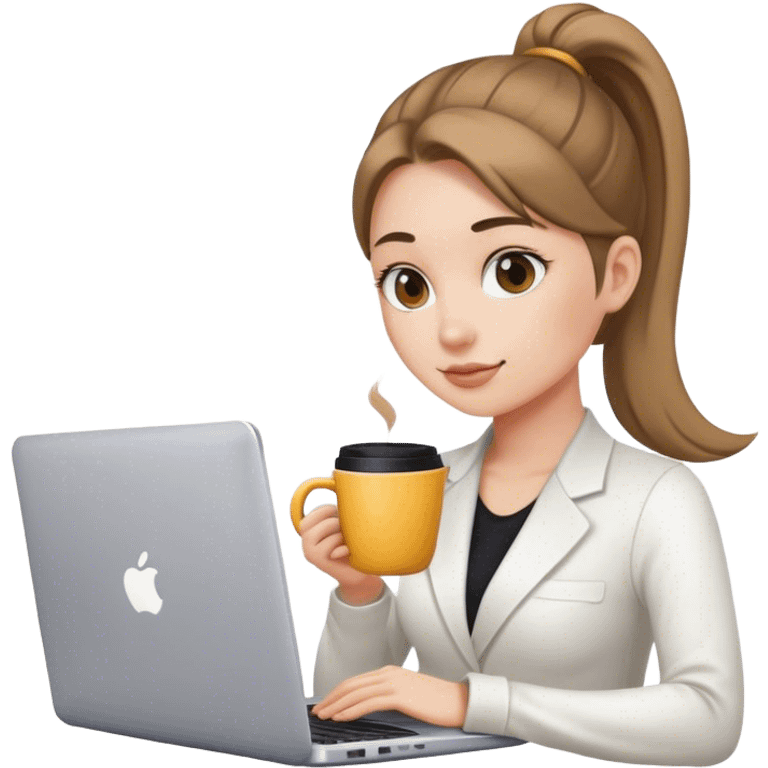 Graphic designer with a ponytail with her laptop and a coffee cup emoji