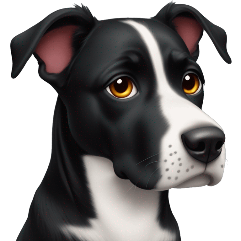 black dog with white patch, big jowls, sad puppy eyes, angel wings, red collar emoji