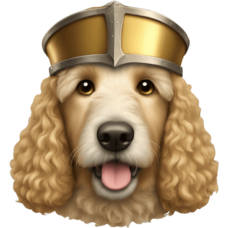 A golden doodle wearing a medieval nasal helmet  emoji