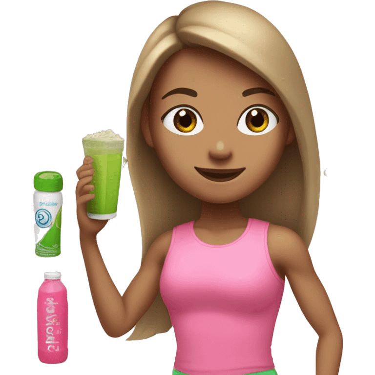 a girl with brown long straightened hair and with Green eyes with pink leggings and pink sports top with a protein shake in her hand emoji