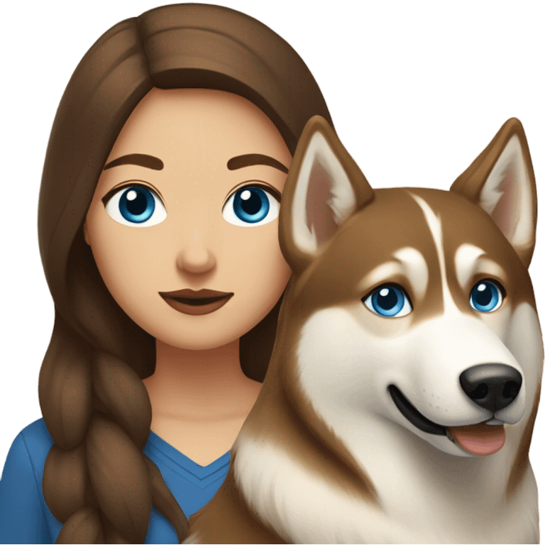 Woman brown hair blue eyes with Husky beige golden emoji