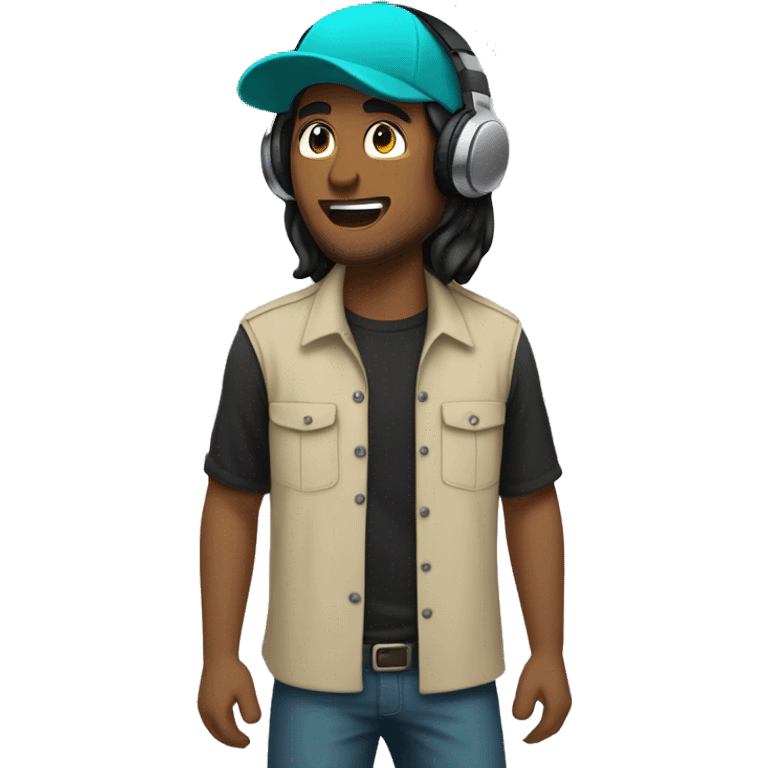 Generate an emoji of a guy wearing a turquoise cap with long black hair, a black unbuttoned shirt, and a solid beige undershirt. He is in headphones.  emoji