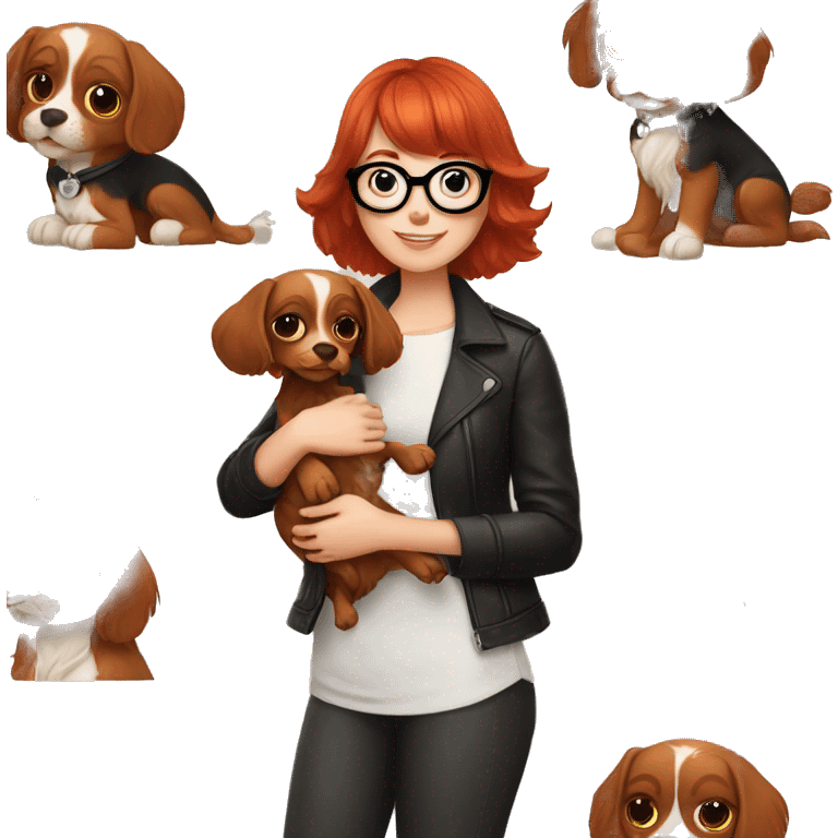 red-haired girl with bangs and short hair and black glasses leather holding a Cavalier puppy emoji