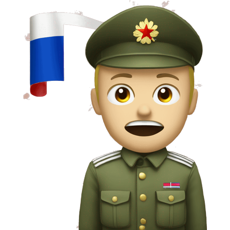 russian soldier with angry face and next to russian flag waving emoji