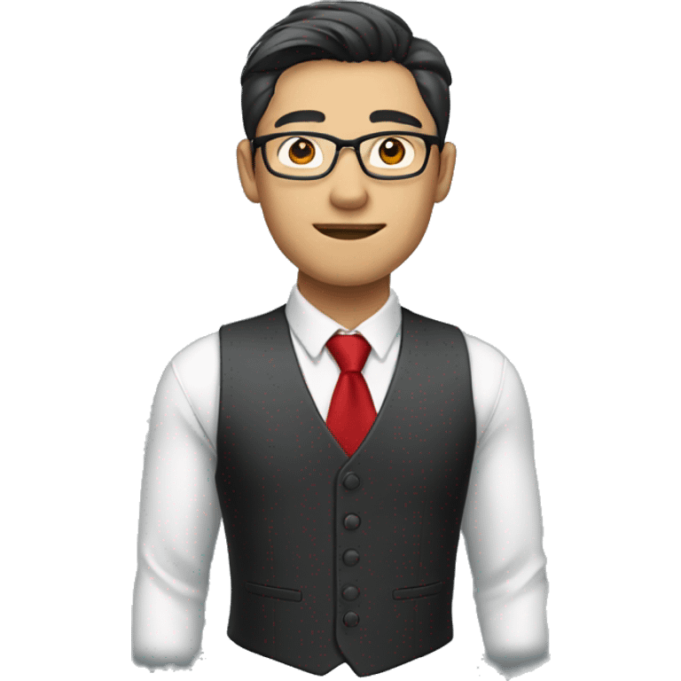 Asian handsome man wearing glasses with formal vest and red tie emoji