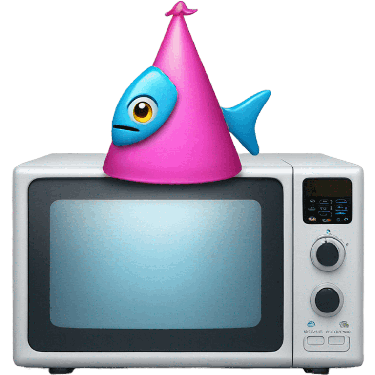 A microwave wearing a party hat with a fish face emoji