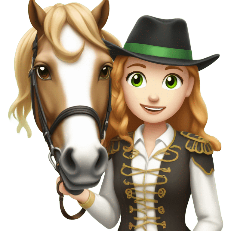 Extremely attractive and feminine white teen girl with green eyes and medium length strawberry blonde hair wearing traditional English riding attire giving a treat to a brown and white paint horse emoji