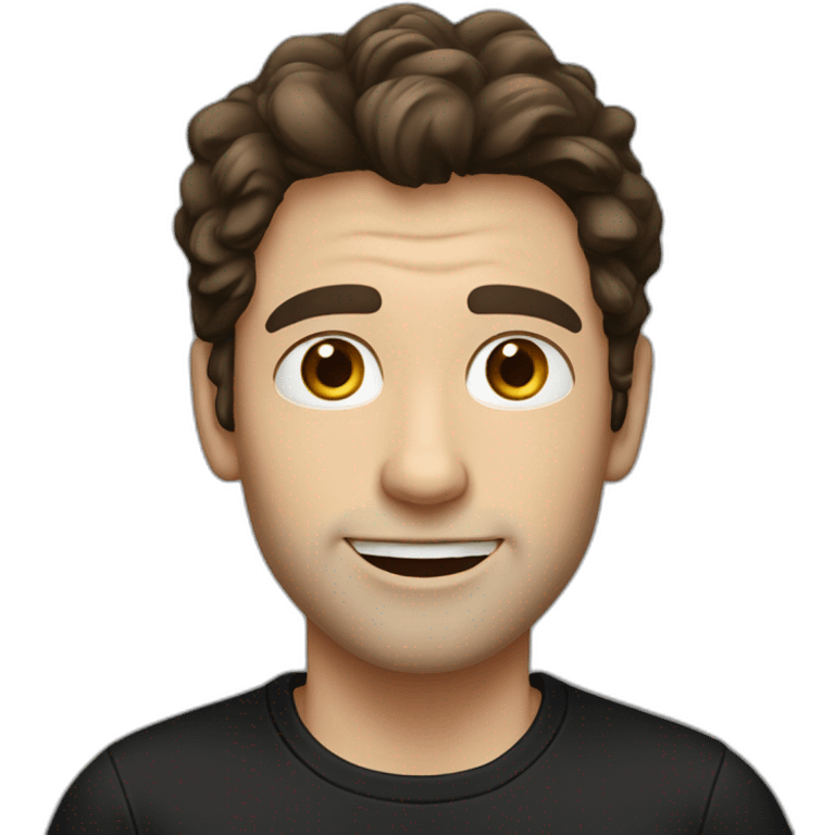 a slim white man with messy long dark brown hair, with a black t-shirt emoji