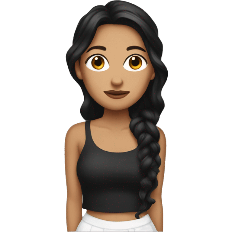 back side of a: brown women, with black hair, a white crop top, wavy long hair emoji