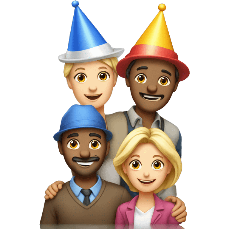 European company of 4 people (mom dad and 2 kids) celebrate birthday in birthday hats emoji