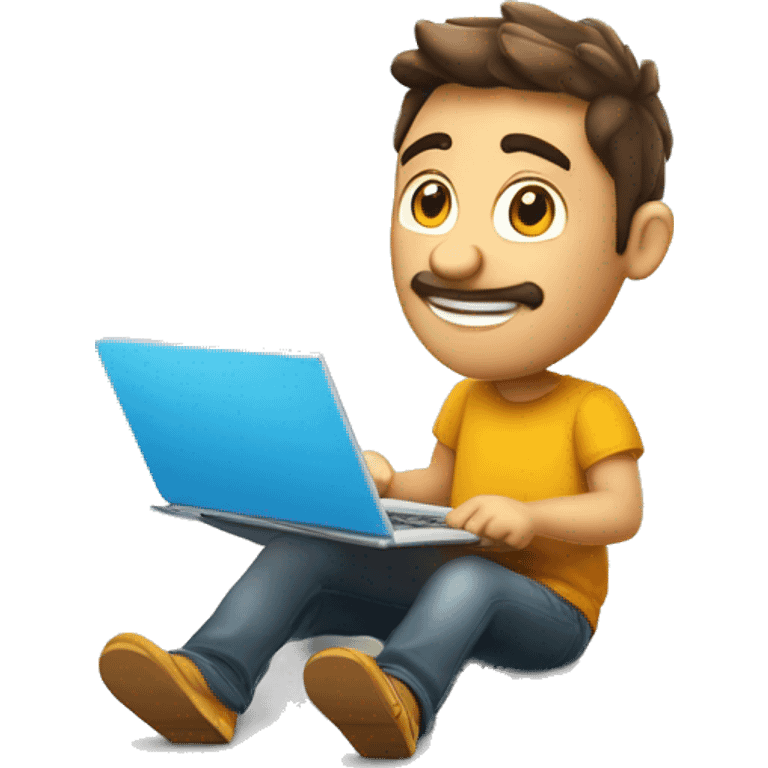 Homem sorrindo com notebook estilo cartoon 3d jovem emoji