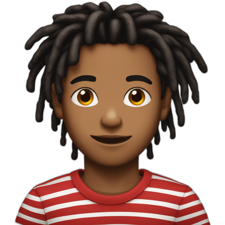 Brownskin boy with red and black striped dreads with black t shirt not smiling emoji