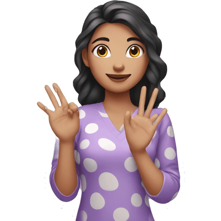 A girl with lavender kurti white spots showing three fingers emoji