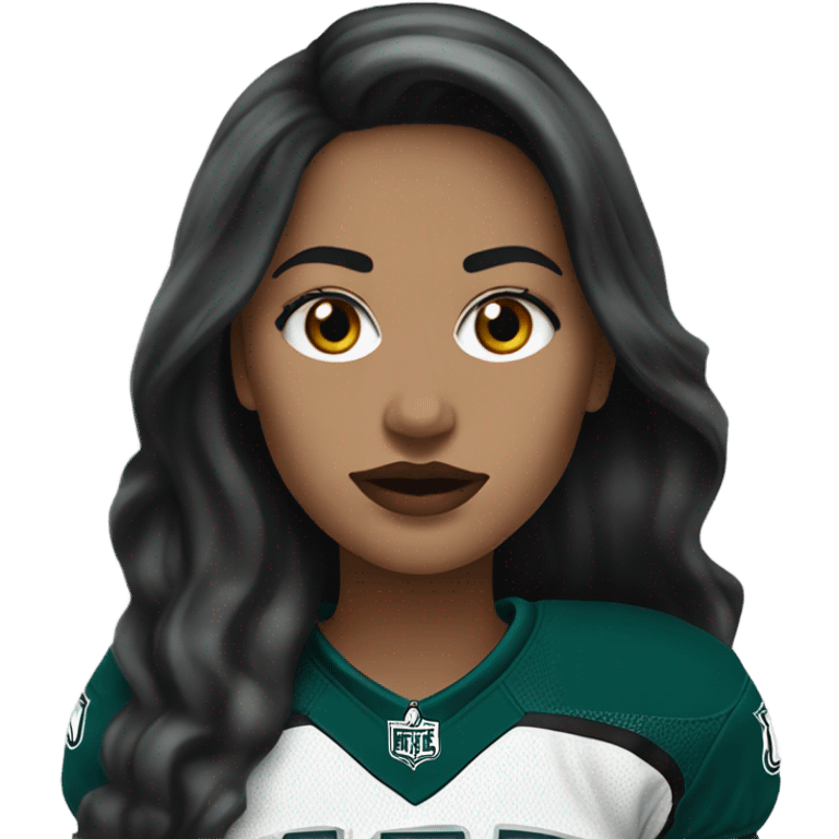 White female long dark hair red lips wearing Philadelphia Eagles jersey emoji