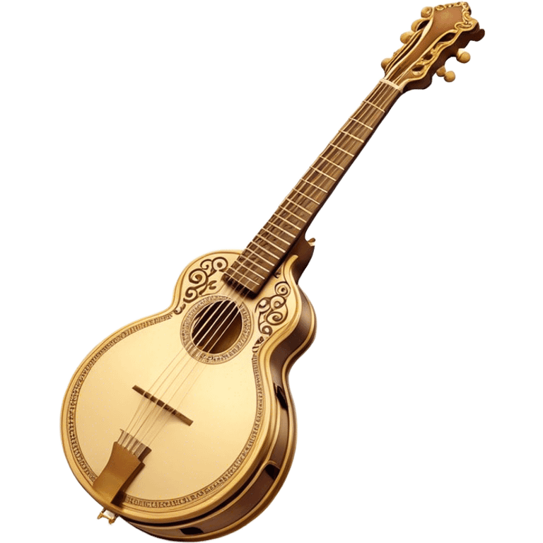 Bouzouki – Cinematic Realistic Bouzouki, depicted as a beautifully crafted Greek string instrument with a long neck and ornate fretwork, its polished wooden body reflecting warm golden light, set on a rustic background with soft shadows that evoke traditional Mediterranean music. emoji