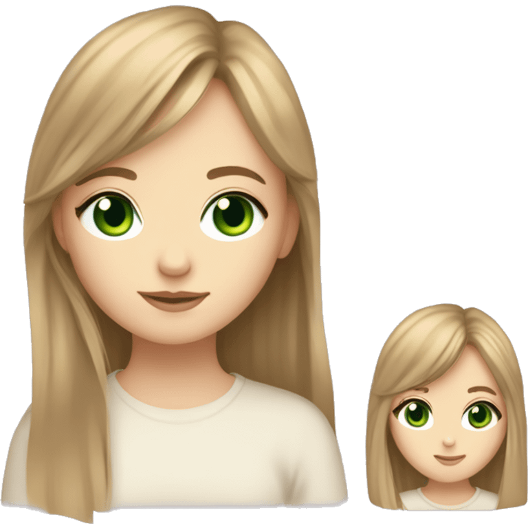 pale girl with light brown hair and curtain bangs and long hair with layers and green eyes and shes sorta india al emoji