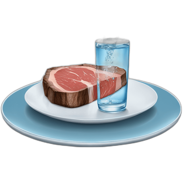 glass of water suspended horizontally in the air above a slice of rare steak on a plate, the water pouring out onto the top of the steak emoji