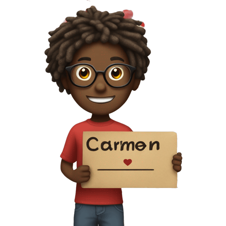 Black boy with red medium length dreadlocks holding a sign that says “Carmen” with a red heart on the sign underneath the word, the boy is also smiling and is wearing glasses  emoji