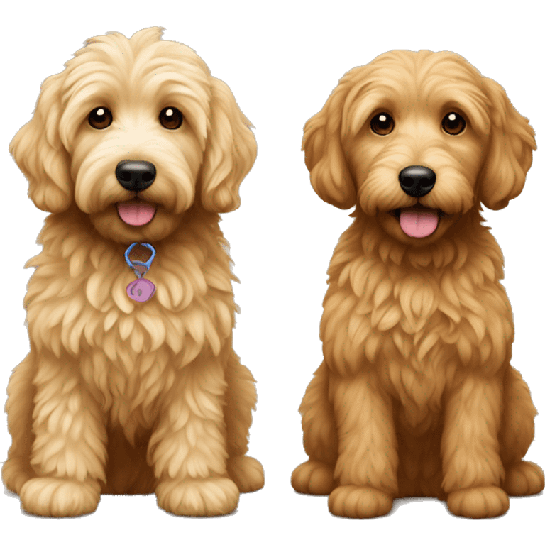 two mini golden doodles, one who is brown furred and the other with blonde fur emoji