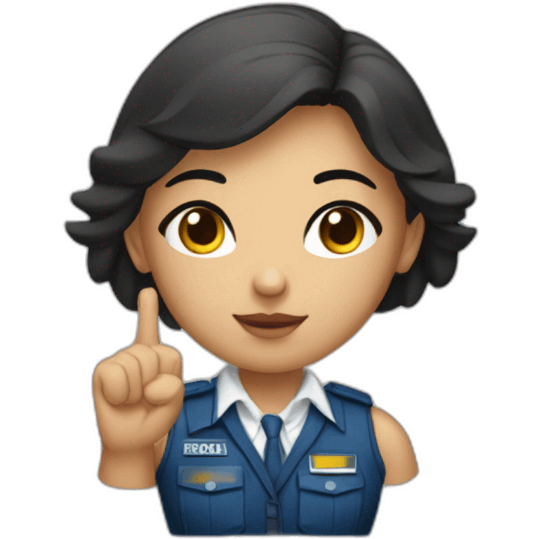 A PERUVIAN SECURITY AGENT GIRL, IN A BLUE VEST AND WHITE SHIRT. SAY OK WITH YOUR HAND. SERIOUSNESS. emoji