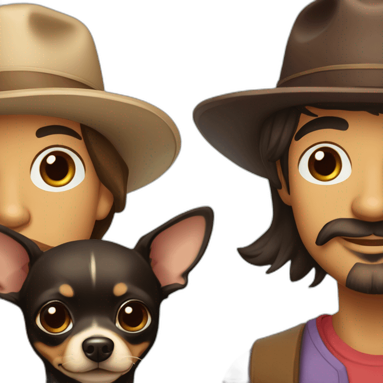 Latino man with stubble beard, lady with flat brim hat and chocolate long-haired chihuahua emoji